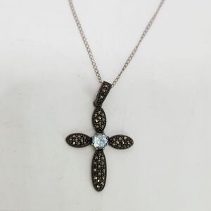 Vtg Sterling Silver Marcasite Aquamarine Cross Pendant Atlas Chain Necklace 13"